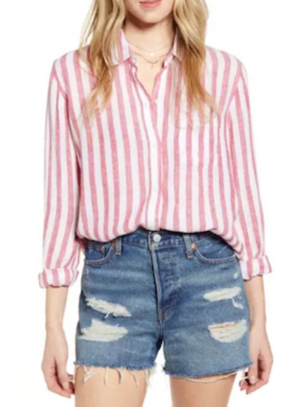 Rails Striped Button-Down Linen Shirt - Red & White